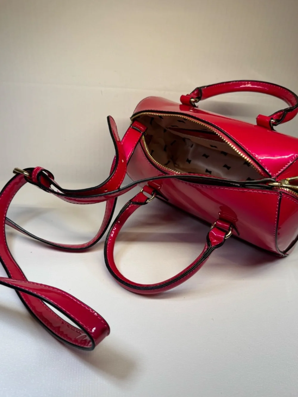 Hot Pink Patent Satchel Crossbody Bag Structured Top Handle Bow Lining